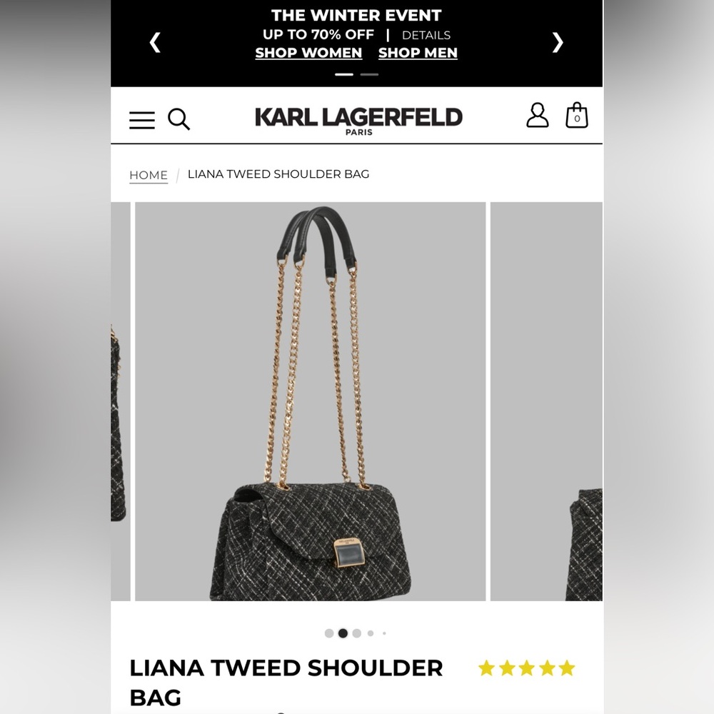 New, unwrapped Karl Lagerfeld Liana Black Tweed Shoulder Bag with Gold Chain